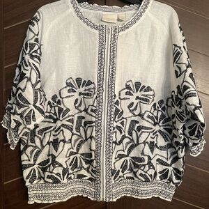 Chico’s embroidered linen zip jacket gathered waist 3/4 sleeves size 2